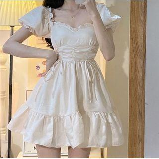 Puff-sleeve Square-neck Ruffle Trim Drawstring Mini Dress
