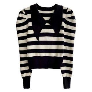 Puff-sleeve Stripe Cropped Knit Top Stripe - One Size