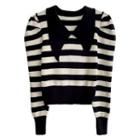 Puff-sleeve Stripe Cropped Knit Top Stripe - One Size