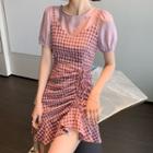 Mock Two-piece Short-sleeve Check Drawstring Mini A-line Dress