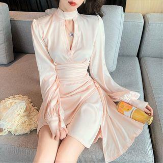 Choker-neck Balloon-sleeve Shirred A-line Dress