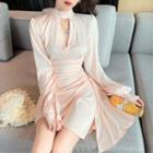 Choker-neck Balloon-sleeve Shirred A-line Dress