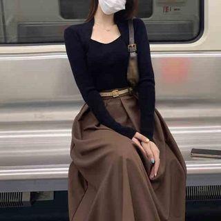 Long-sleeve Top / Midi A-line Skirt / Set