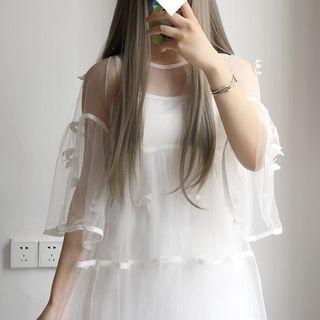 Set: Elbow-sleeve Bow A-line Mesh Dress + Slipdress