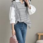 Puff-sleeve Striped Panel Shirt Striped - Black & White - One Size