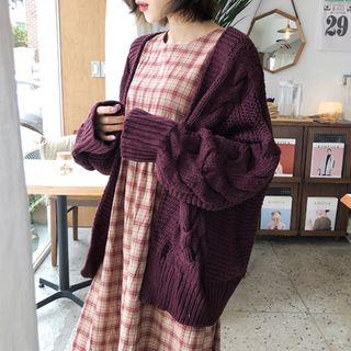 Open-front Loose-fit Cable-knit Cardigan Dark Purple - One Size