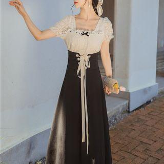 Set: Puff-sleeve Lace Blouse + Lace-up Midi A-line Skirt