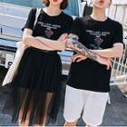 Couple Matching Short-sleeve Rose Printed T-shirt / Shorts / Mesh A-line Midi Skirt / Set