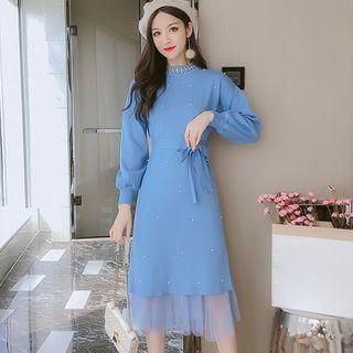 Rhinestone Mesh Paneled Midi Sweater Dress