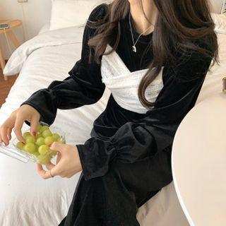 Bell-sleeve Lace Panel Crisscross Velvet Dress As Shown In Figure - One Size