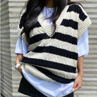 V-neck Color Block Stripe Oversized Vest As Shown In Figure - One Size