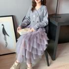Lapel Collar Midi A-line Layered Mesh Dress