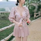 Set: Bikini Top + Swim Skirt + Short-sleeve Tie-front Top