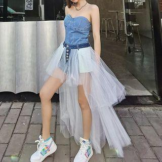 Mock Two-piece Mesh Overlay Denim Shorts