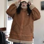Oversize High-neck Faux Leather Cardigan