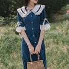 Eyelet Lace Trim Elbow-sleeve Midi A-line Shirt Dress