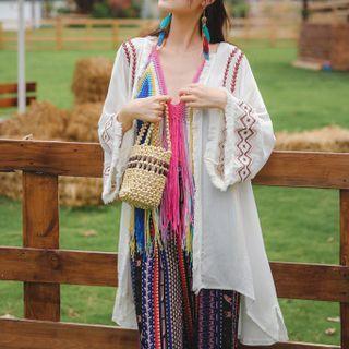 Embroidered Fringed Trim Light Jacket White - One Size