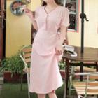 Half-placket Puff-sleeve Midi Dress