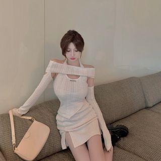 Halter Tank Top / Long-sleeve Off-shoulder Crop Top / Slit Mini Pencil Skirt / Set