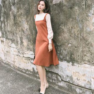 Mock Two-piece Lantern-sleeve A-line Midi Knit Dress