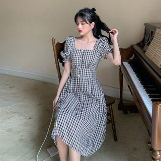 Square Neck Puff Sleeve Check A-line Dress