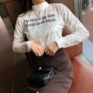 Mock-turtleneck Long-sleeve Lettering Velvet Top