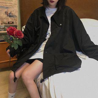 Drawstring-cuff Snap Button Jacket