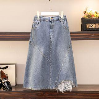 Lace Panel Washed Denim Midi A-line Skirt