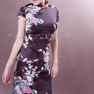 Short-sleeve Peacock Print Midi Qipao