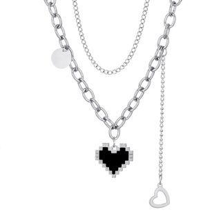 Heart Chain Layered Necklace 01 - Black Heart - Silver - One Size