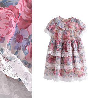 Lace Trim Printed Tiered A-line Dress