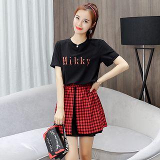 Set: Short-sleeve Lettering T-shirt Dress + Plaid A-line Skirt