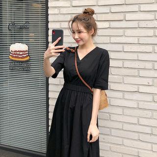 V-neck Band-waist Dress Black - One Size