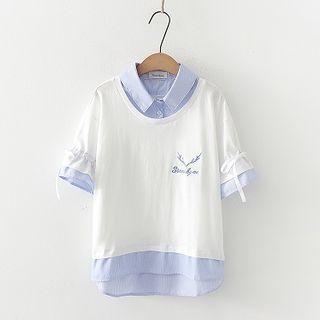 Mock Two-piece Letter Embroidered Bell-sleeve Shirt