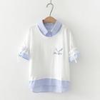 Mock Two-piece Letter Embroidered Bell-sleeve Shirt