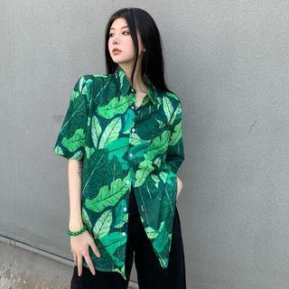 Short Sleeve Leaf Print Button-up Shirt