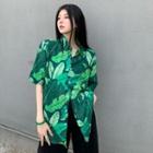 Short Sleeve Leaf Print Button-up Shirt