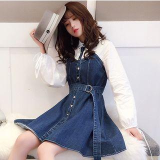 Denim Panel Long-sleeve A-line Dress