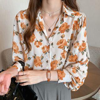 Long Lantern-sleeve Flower Print Shirt