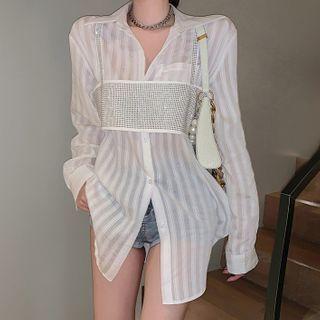 Striped Shirt / Spaghetti Strap Rhinestone Top