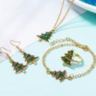 Set: Christmas Tree Pendant Necklace + Bracelet + Earring + Ring Set Of 4 - Gold & Green - One Size