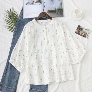3/4-sleeve Floral Print Henley Blouse