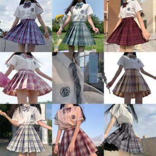 Set: Short-sleeve Shirt + Bow Tie + Plaid Pleated Mini Skirt