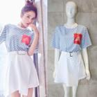 Short-sleeve Stripe T-shirt/asymmetric Skirt