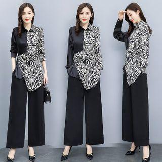 Set: Long Sleeve Asymmetrical Hem Pattern Shirt + Plain Wide-leg Pants