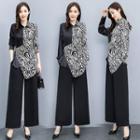 Set: Long Sleeve Asymmetrical Hem Pattern Shirt + Plain Wide-leg Pants