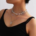 Faux Pearl Alloy Pendant Layered Choker Necklace 0894 - Silver - One Size