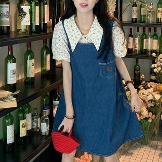 Puff-sleeve Floral Shirt / Flower Embroidered Denim Mini Overall Dress
