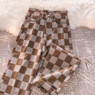 Mid-waist Check Straight Leg Pants