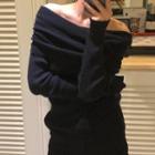 Fold Over Off-shoulder Sweater Black - One Size